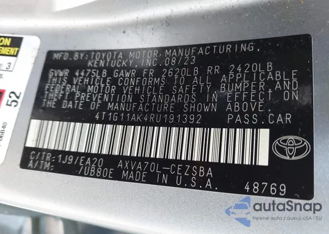 2024 Toyota Camry Se z USA, uszkodzony, nr VIN 4T1G11AK4RU191392